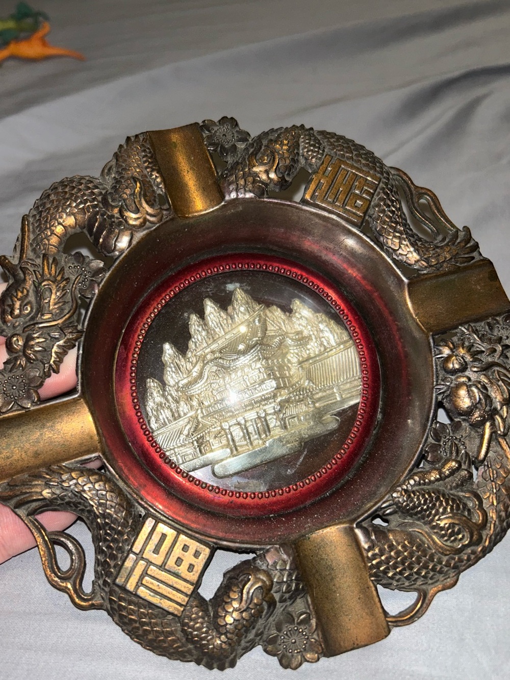 Bronze Dragon Decorative Wall Plaque/ Tabletop Decor with Red Accents